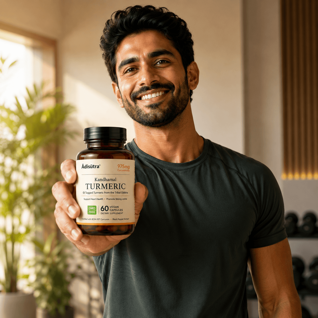 Man holding a bottle of Kandhamal Turmeric capsules