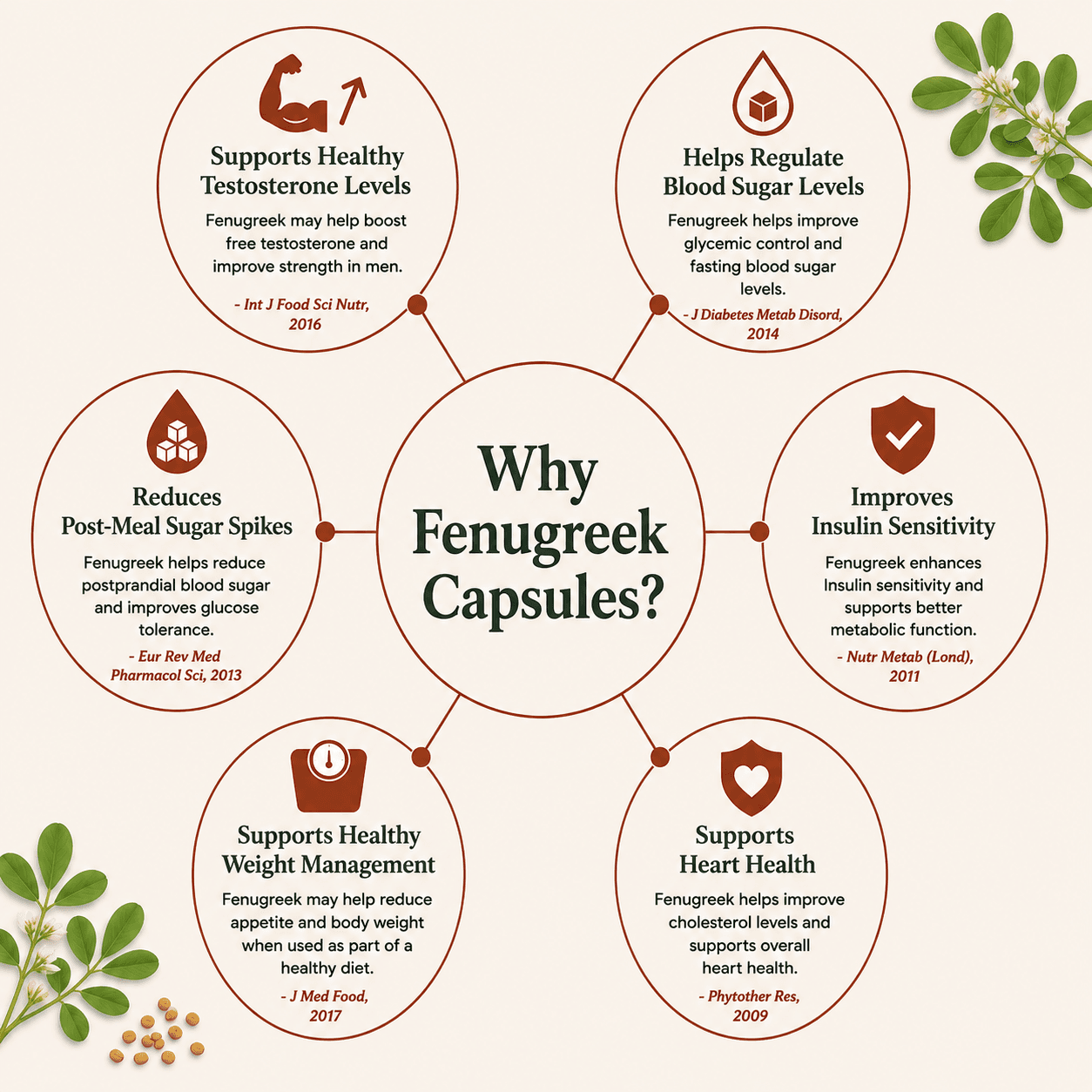 Six reasons for fenugreek capsules, each with its study reference
