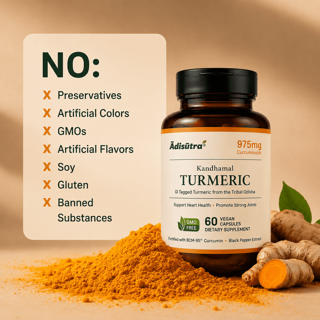 Bottle with turmeric powder and the free-from list: no preservatives, artificial colours, GMOs, artificial flavours, soy, gluten or banned substances