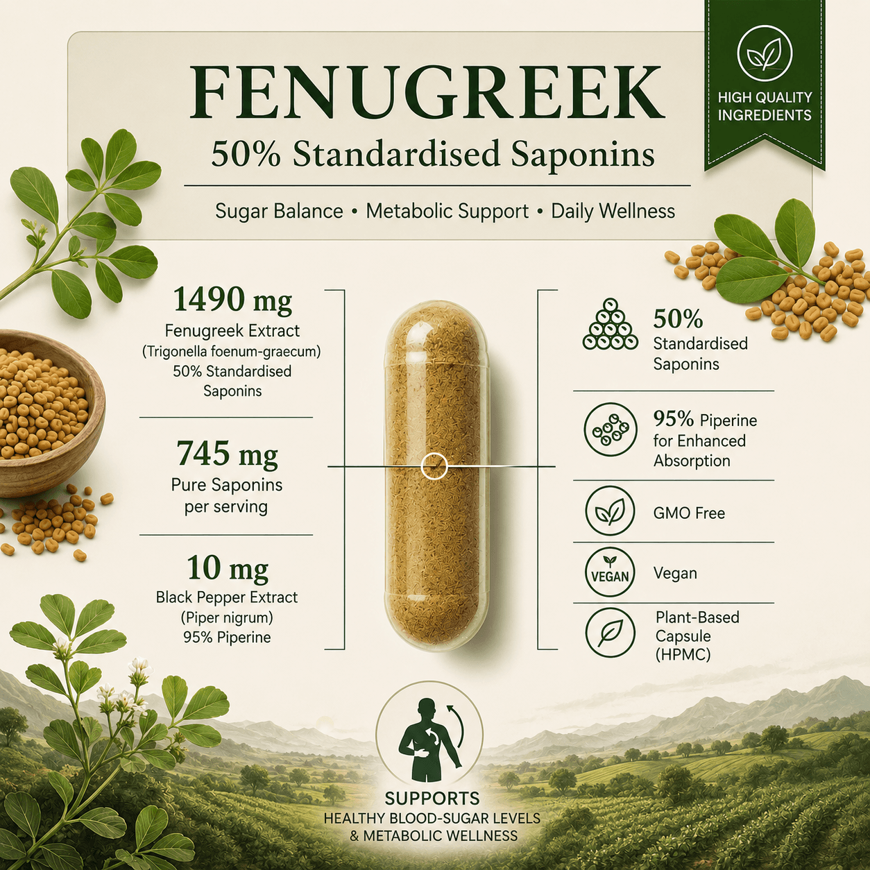 Formula panel: 1490 mg fenugreek extract with 745 mg pure saponins, and 10 mg black pepper extract per serving