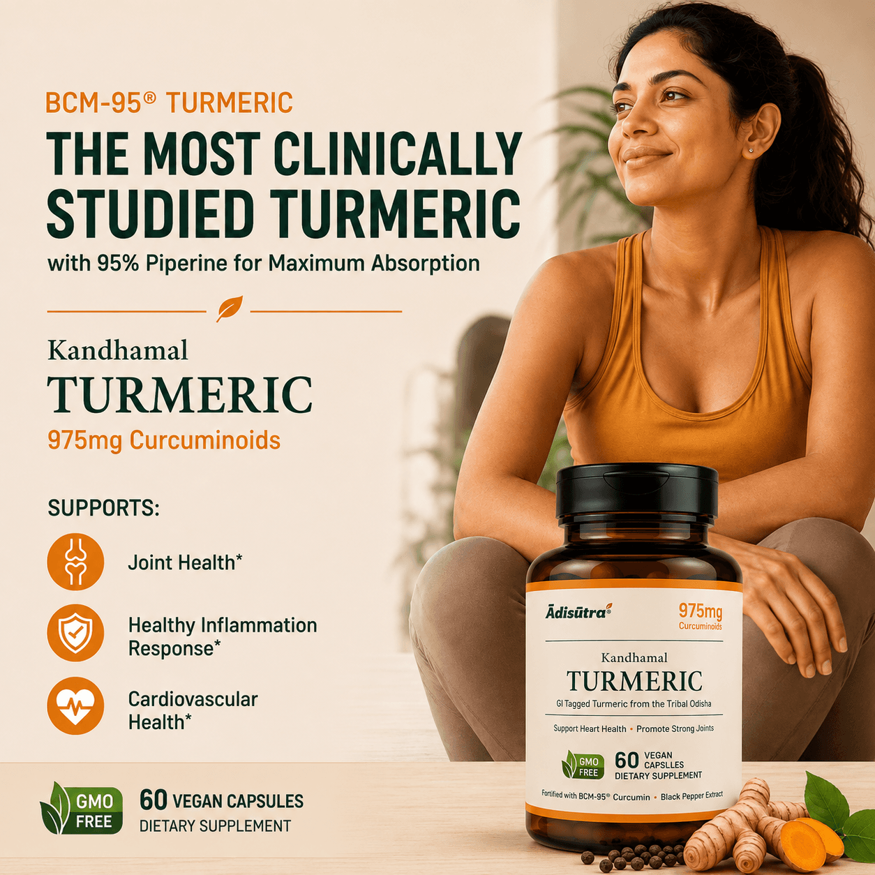 Woman holding the bottle beside what the formula supports: joint health, healthy inflammation response and cardiovascular health